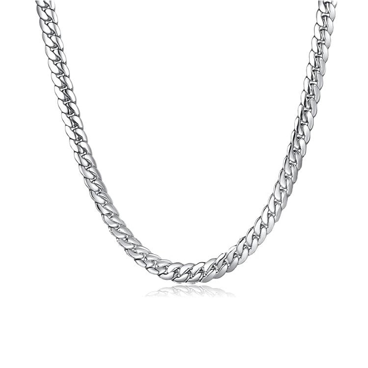 Theodore Stainless Steel 8mm Cuban Curb Link Satin and Polish Finish Chain Necklace