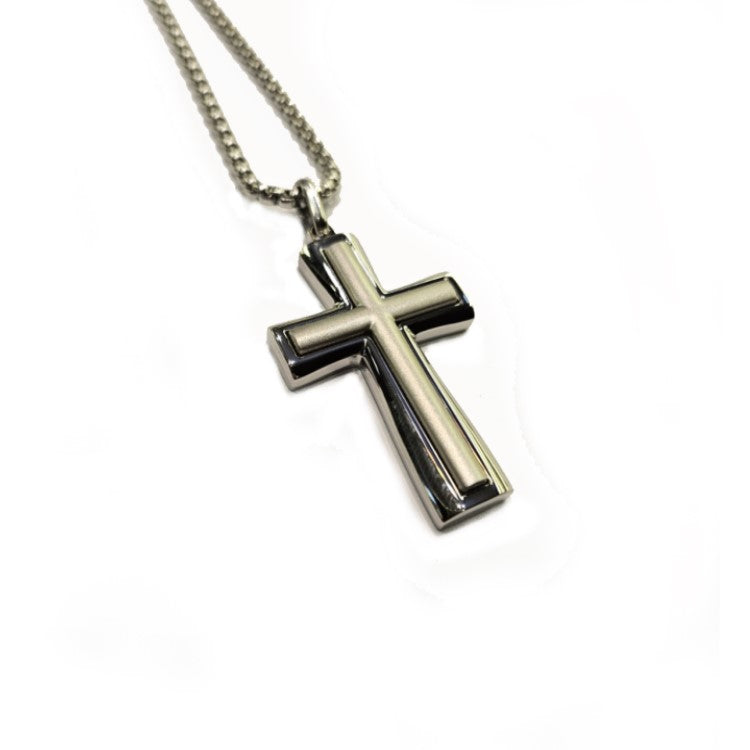 Theodore Stainless Steel Cross with Satin Inlay Pendant Necklace