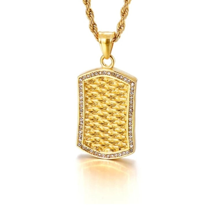 Theodore Stainless Steel Gold Exotic Stone Pavé Dog Tag with Cubic Zirconia Pendant
