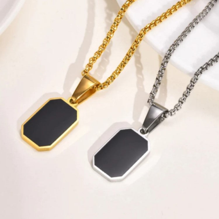Theodore Stainless Steel and Gold Giometric Black Enamel Pendant