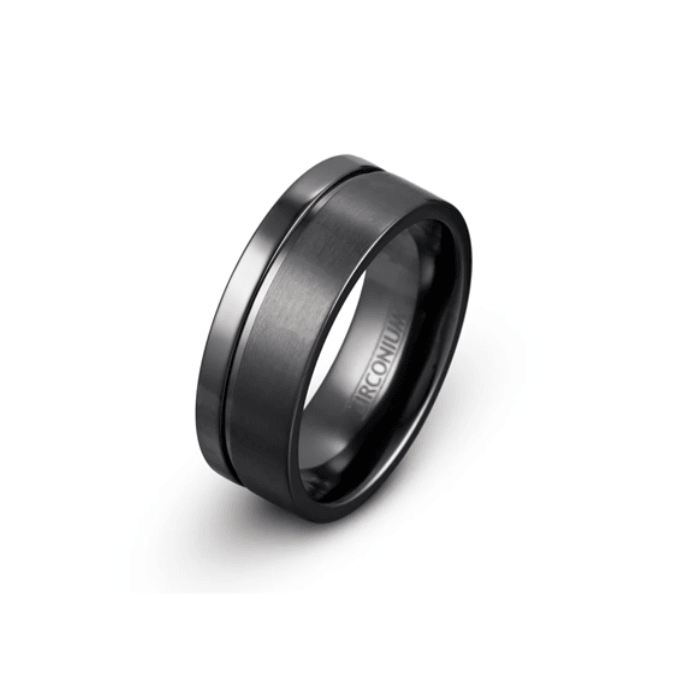 Theodore Black Zirconium and black polish  Stripe 8mm Ring - Theodore Designs