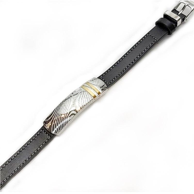 Theodore  Damascus Steel and Leather Bracelet - Theodore Designs