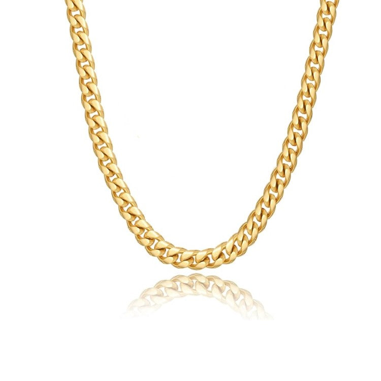 Theodore Stainless Gold Plated 8mm Cuban Curb Satin and Polish  Link Chain Necklace