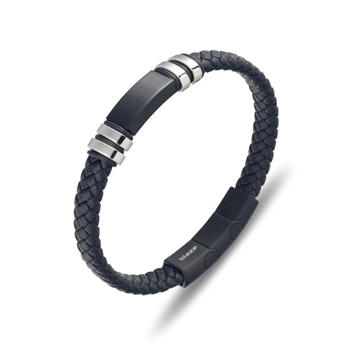 Stainless steel men's black leather bangle with steel details