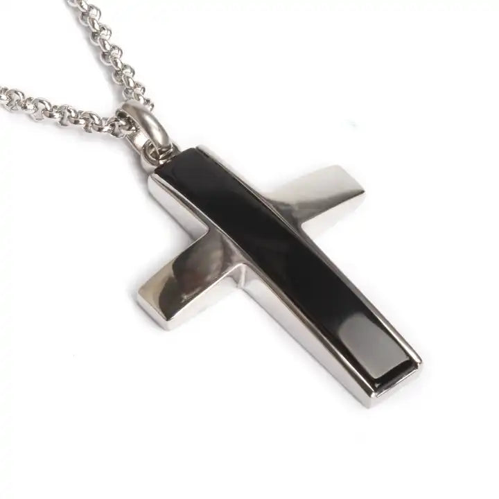 Theodore Stainless Steel Cross with Onyx Inlay Pendant Necklace