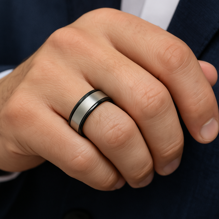 Two Tone Black Zirconium Design Band Men's Ring