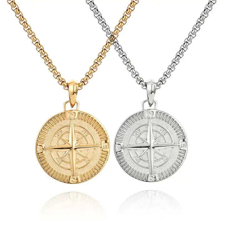 Stainless Steel North Star Compass Pendant and Chain Necklace