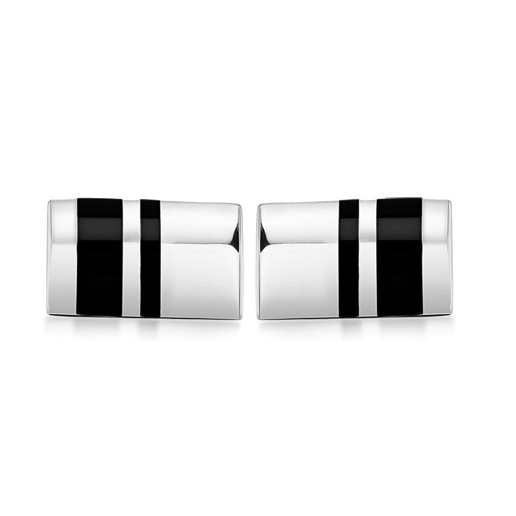 Hoxton London Men's Sterling Silver and Onyx Stripe Rectangle Cufflinks