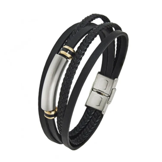 Theodore Stainless Steel and Black Braided Leather Bracelet