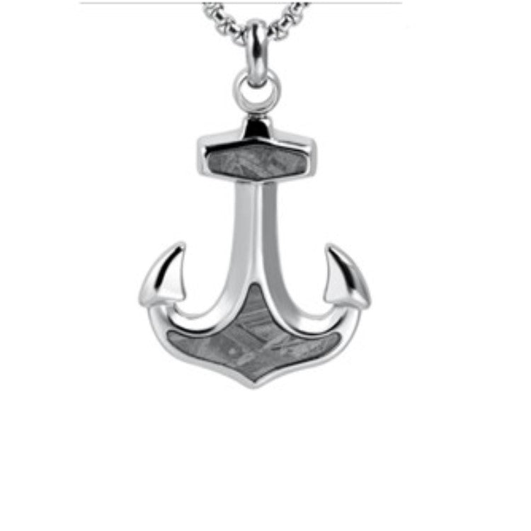 Stainless steel anchor pendant inlay with genuine meteorite