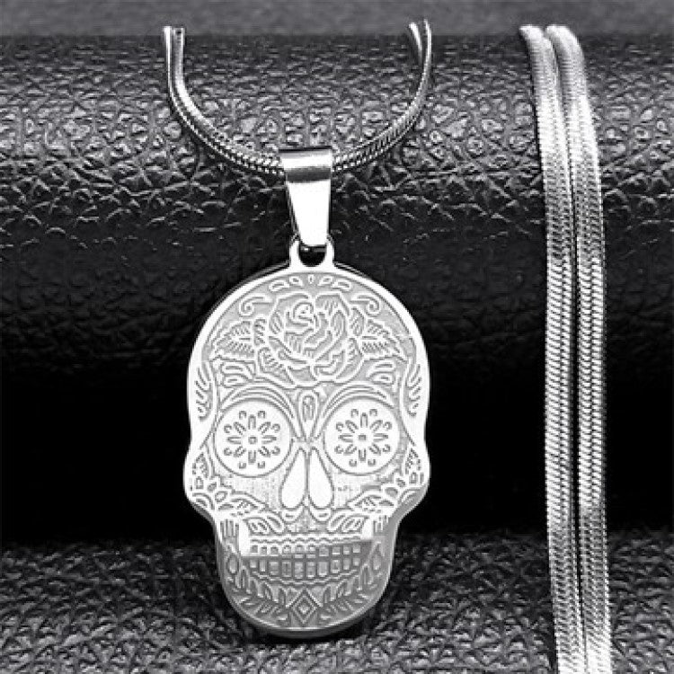 Theodore Stainless Steel Mexican Sugar Skull Flower Necklace