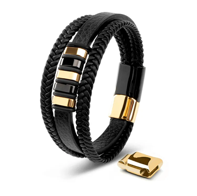 Theodore stainless steel men’s black leather and gold multi wrap bracelet