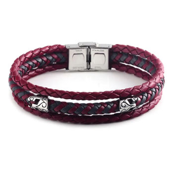 Theodore stainless steel men's red and grey leather, multi bangle with silver helmet details