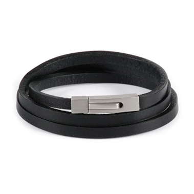 Stainless steel men's black leather, triple strand bracelet or Necklace