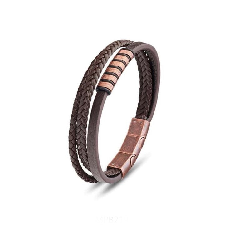 Theodore Stainless steel men's leather bangle with patina silver meatal beads Bracelet