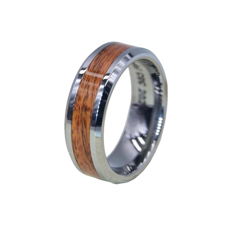 Tungsten Carbide Ring with Oak Wood Inlay and Beveled Edges(8mm)