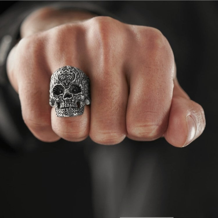 Stainless Steel Men's Gothic Flower Skull Ring with matte finish and black IP plating.