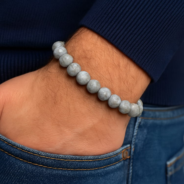 TMJ men's grey jasper bead bracelet smooth round beads on male wrist with denim and navy sweater