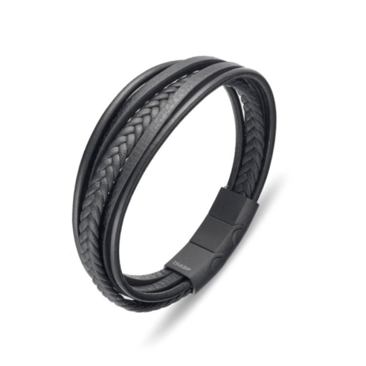 Stainless steel men's Multi Strand all Black leather Bracelet