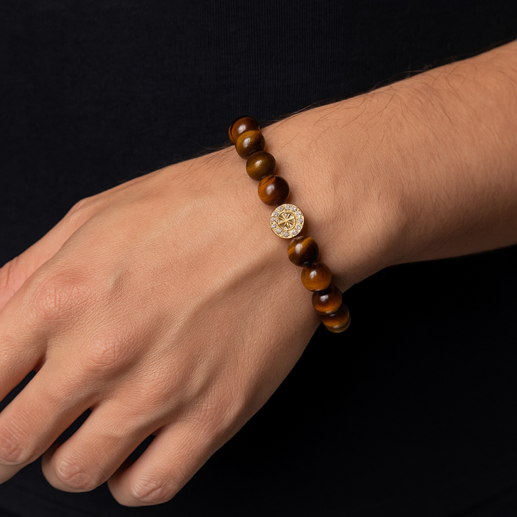 T.M.J tiger eye bead bracelet for men with round polished beads and decorative gold accent