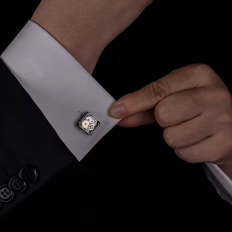 T.M.J mechanical cufflinks featuring steampunk gear cufflinks design on a white shirt cuff