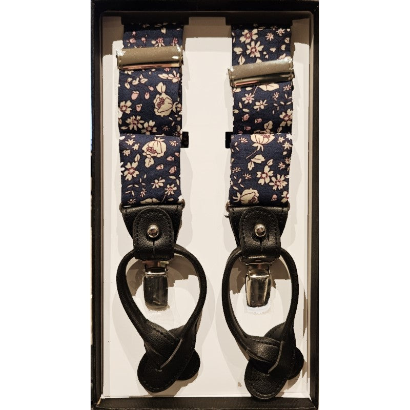 Classic Cotton 6 Button /Clips Suspender Braces With Black Leather Ends