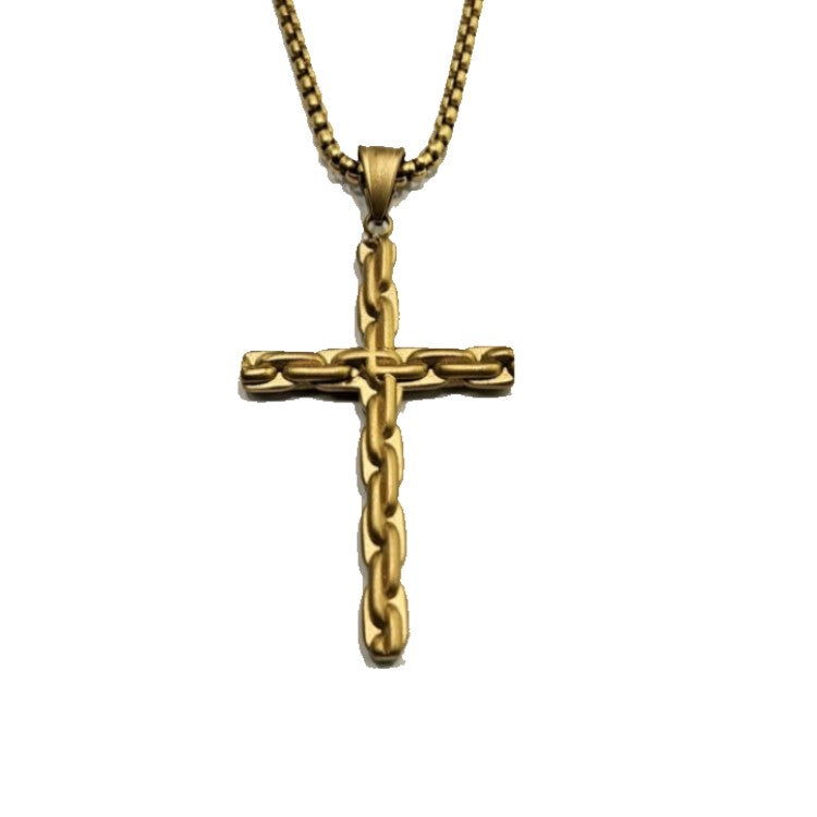 Stainless Steel Gold Plated Satin Finish Cross and Chain