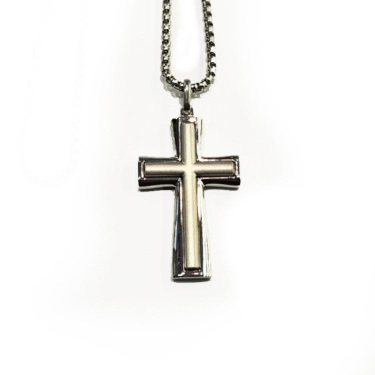 Theodore Stainless Steel Cross with Satin Inlay Pendant Necklace