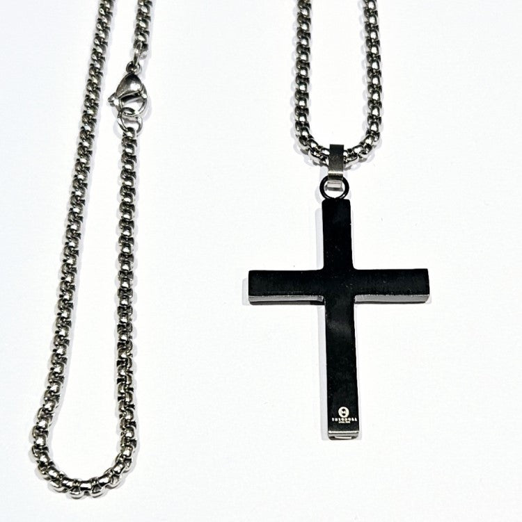 Theodore Stainless Steel and Polished Black IP-Plated Cross Necklace