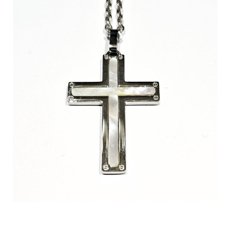 Theodore Stainless Steel Mother of Pearl Inlay Cross Necklace