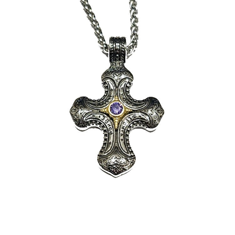 Theodore Stainless Steel Spanish Style with Amethyst Cross Necklace
