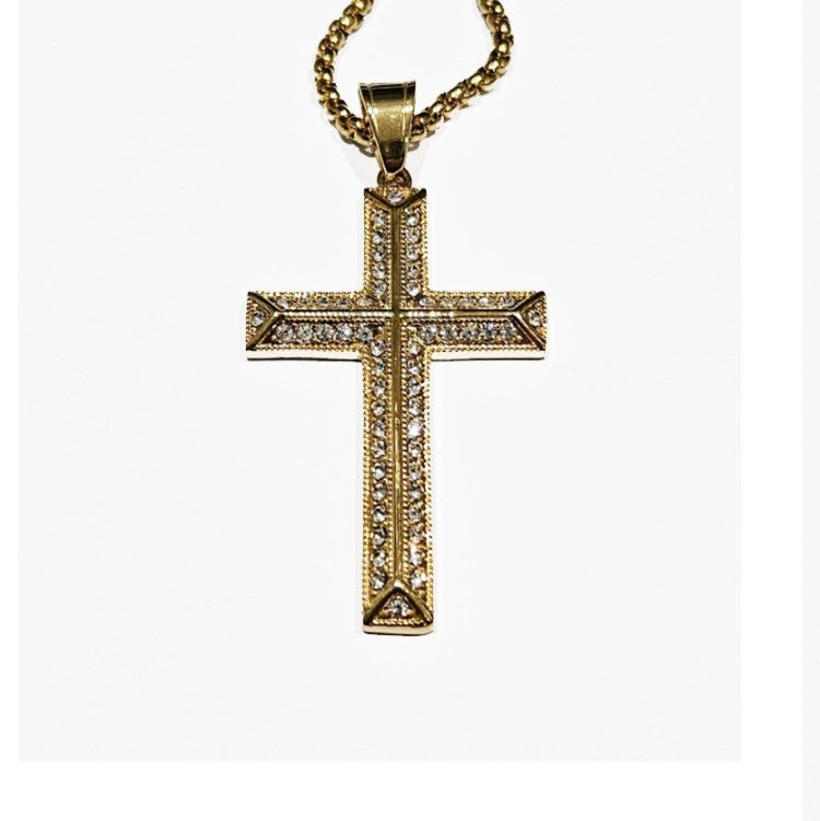 Stainless Steel Gold Plated Satin Finish C.Z Cross with Chain
