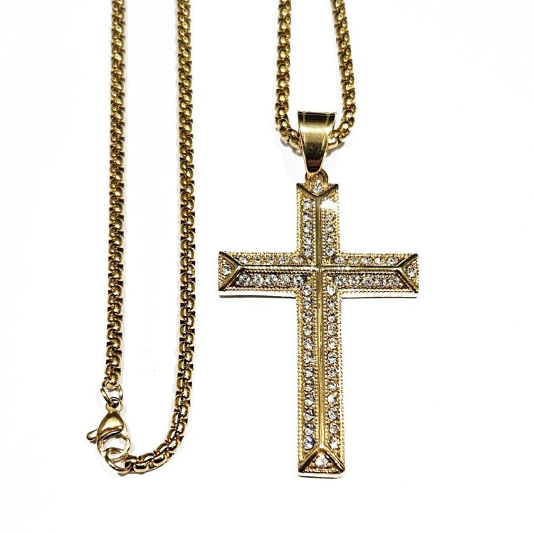 Stainless Steel Gold Plated Satin Finish C.Z Cross with Chain