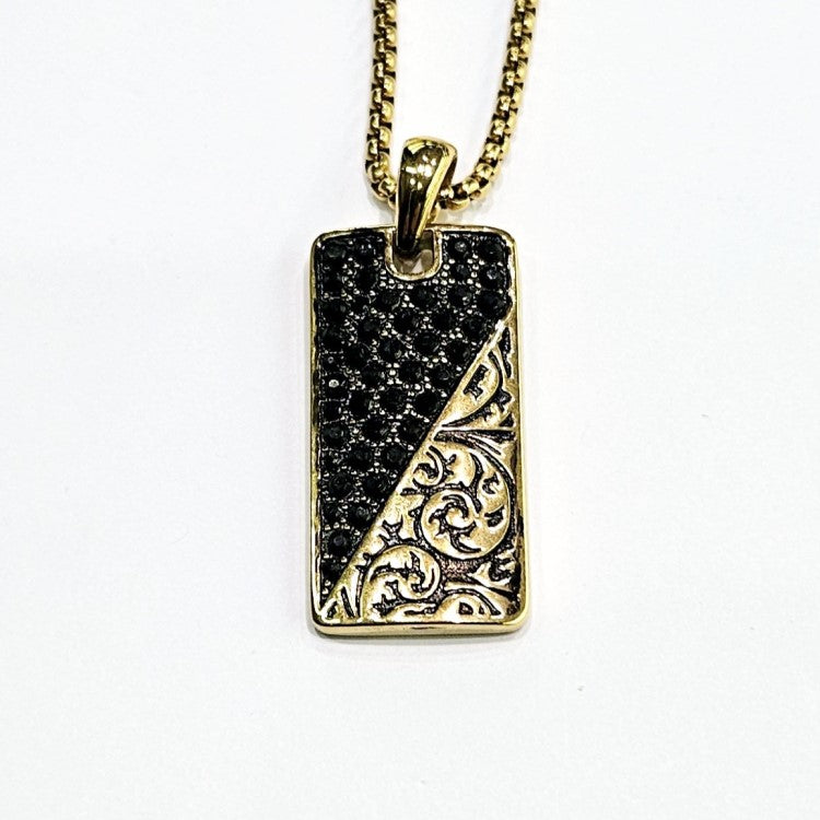 Stainless Steel Exotic Stone Pavé Tag with Cubic Zirconia Pendant