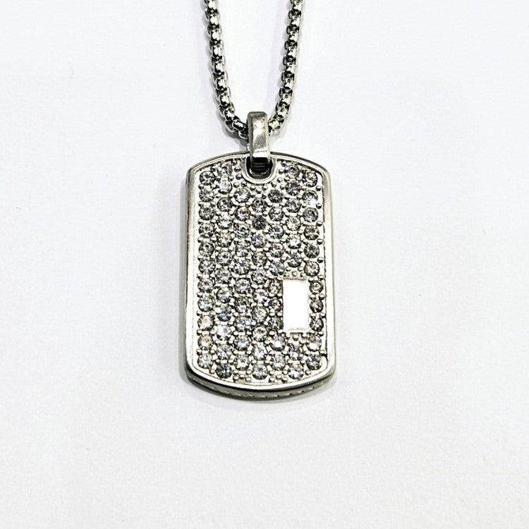 Theodore Stainless Steel Exotic Stone Pavé Tag with Cubic Zirconia Pendant