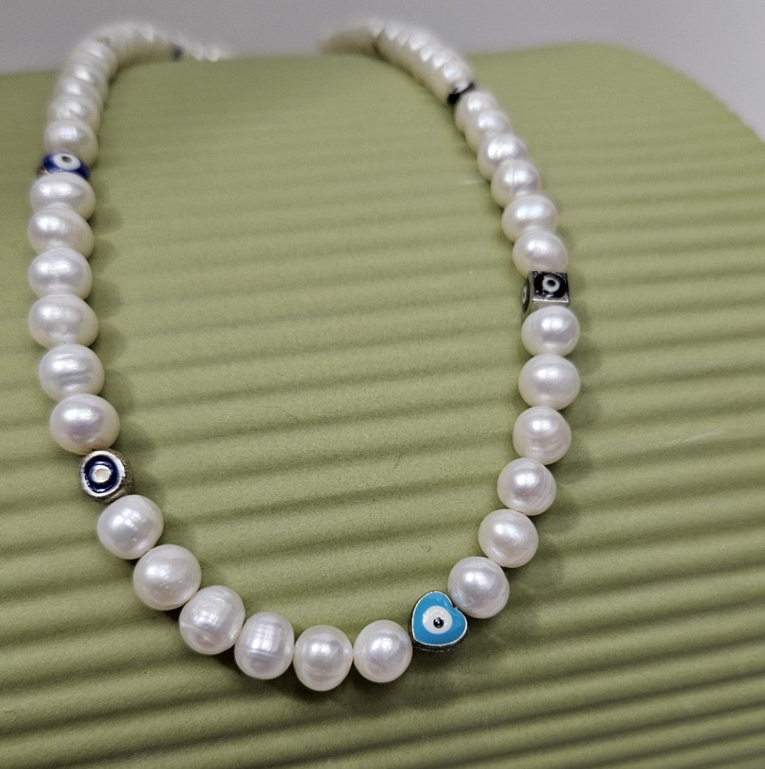 White Side Drill Baroque Pearl and Evil Eye Necklaces