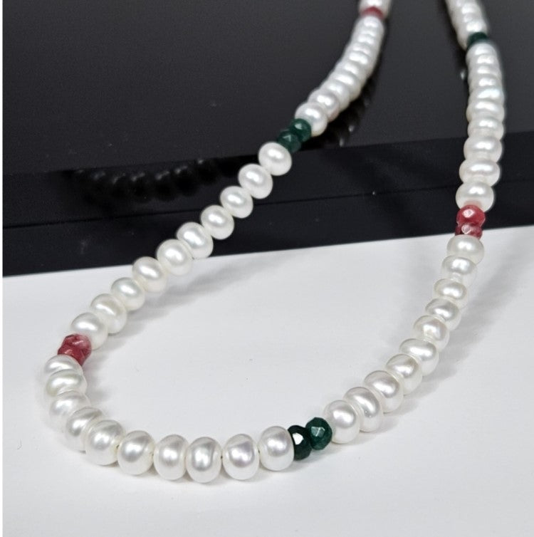 White Button Freshwater Pearl Necklace with Faceted Ruby &amp; Emerald-Coloured Stones