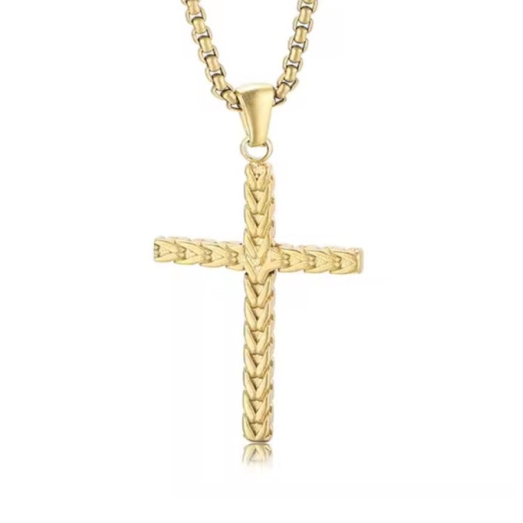 Stainless Steel Gold Plated Satin Finish Cross and Chain
