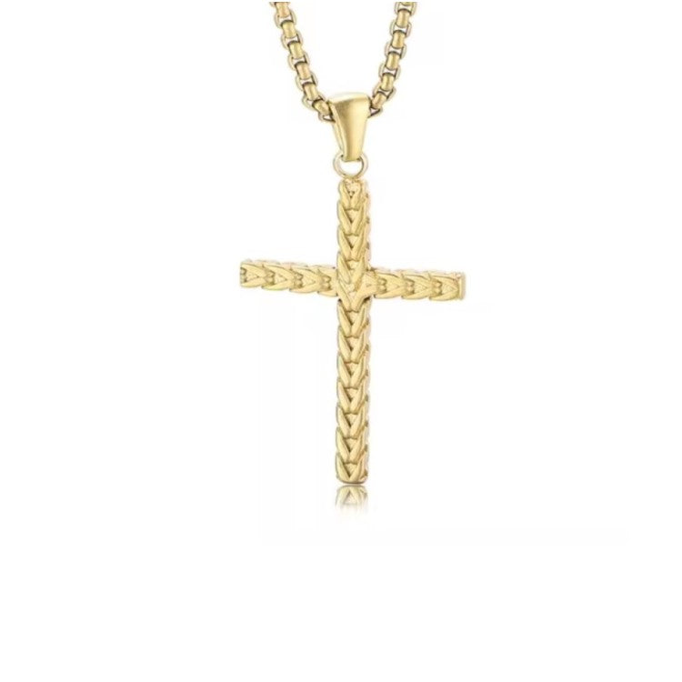 Stainless Steel Gold Plated Satin Finish Cross and Chain