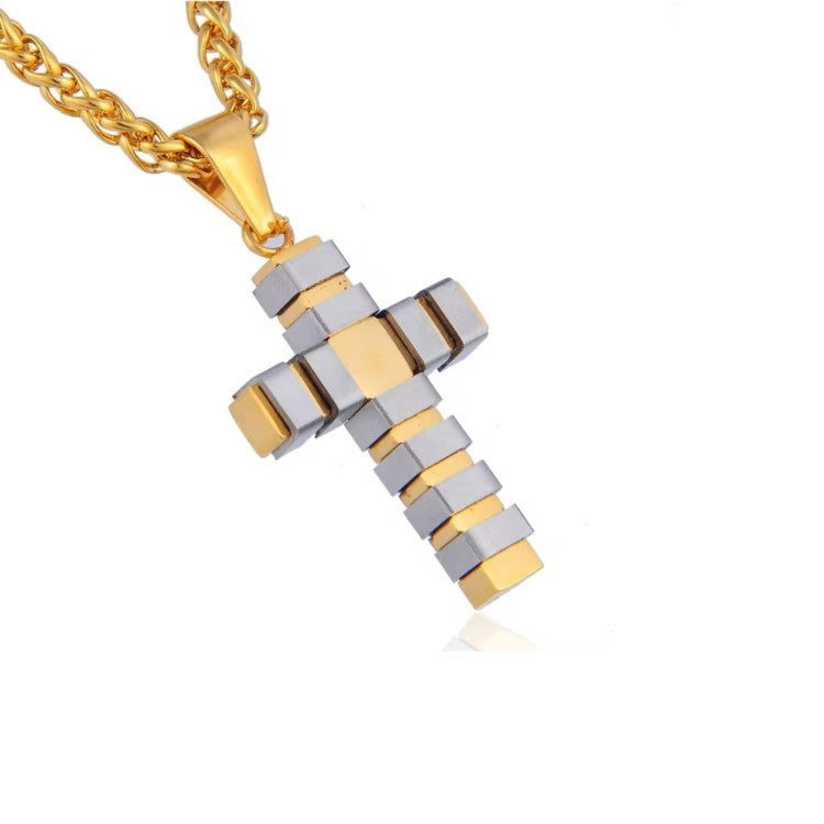 Stainless Steel Geometic Silver and Gold Plated Satin Finish Cross with Chain