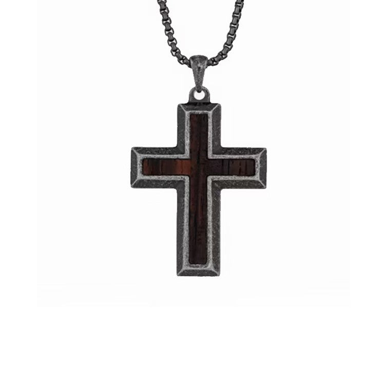 Theodore Stainless Steel Black and Ebony Wood Inlay Cross Pendant
