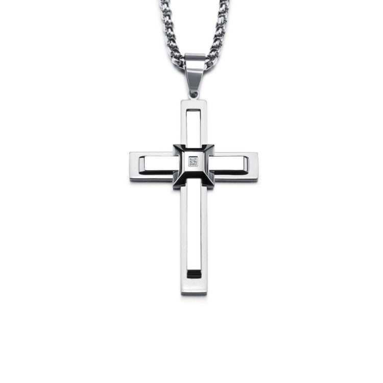 Theodore Stainless Steel Cross with Satin Inlay and Crystal Pendant