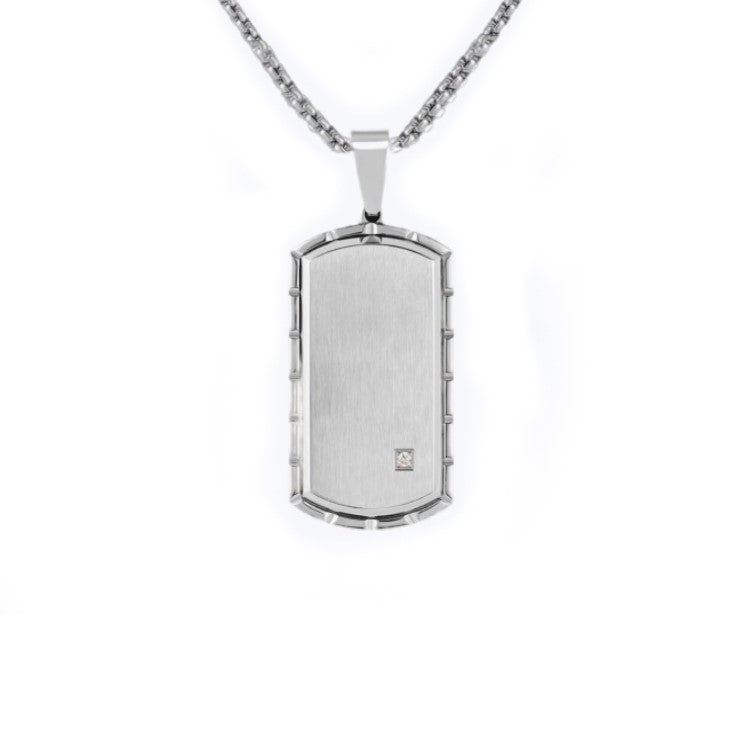 Theodore Stainless Steel Dog Tag Pendant with C.Z and Chain