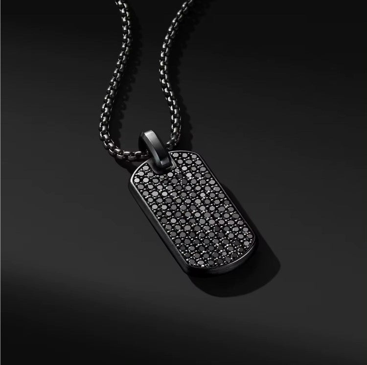 Theodore Stainless Steel Black IP Cubic Zirconia Dog Tag Pendant with Chain