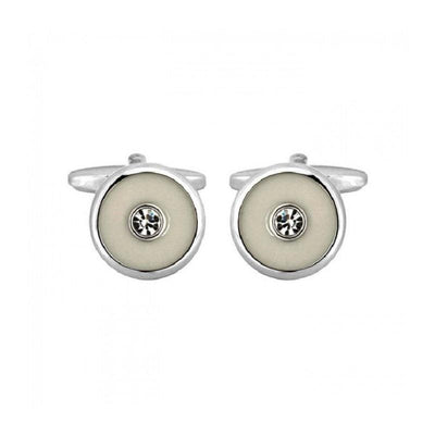 Dalaco Round Ivory with Centre Crystal Rhodium Plated Cufflinks - Theodore Designs