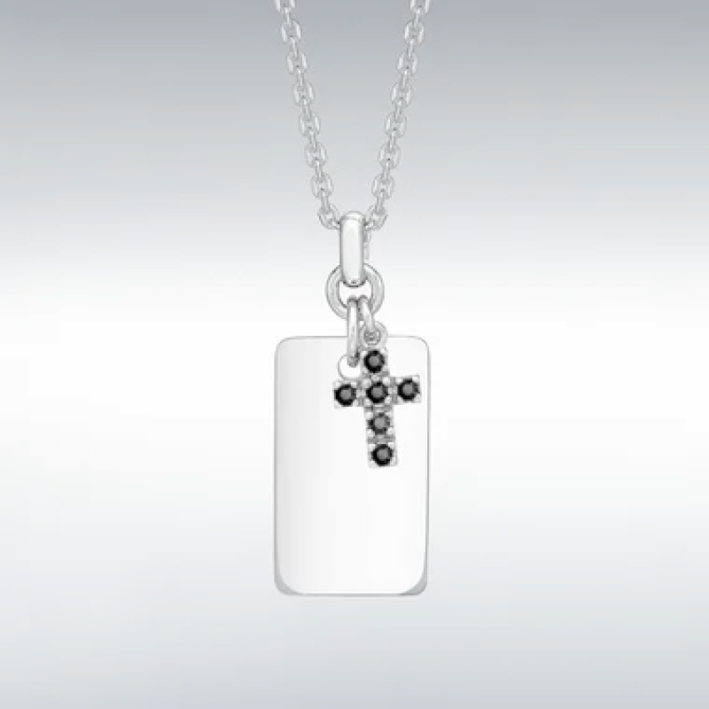 Hoxton London Men’s Sterling Silver Black Sapphire Set Cross and Dog Tag - Theodore Designs