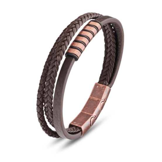 Theodore  Stainless steel men's leather bangle with patina rose beads - Theodore Designs
