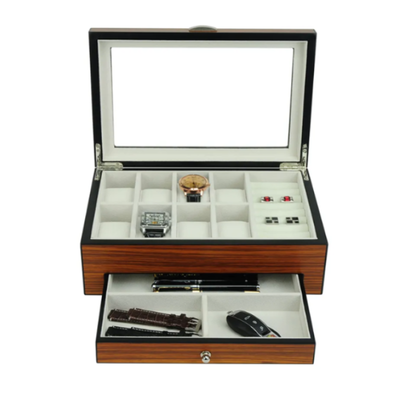 Theodore Matte Rosewood Veneer Wooden Watch & Jewelry Box with Drawer - Theodore Designs