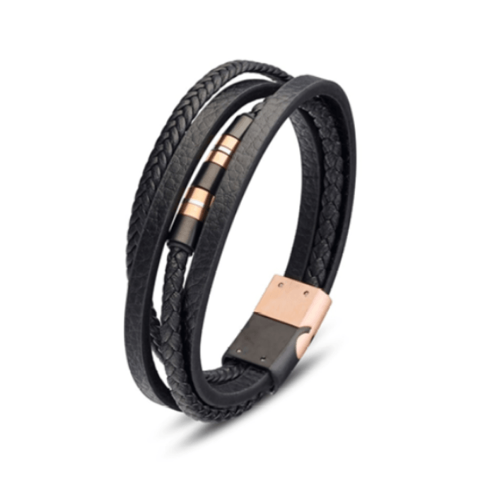 Theodore Stainless steel men's leather multi strand bangle with rose beads - Theodore Designs