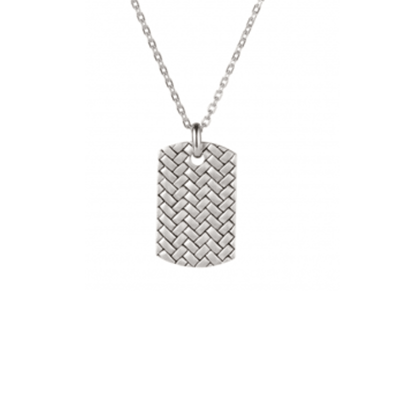 STERLING SILVER WOVEN PATTERN RHODIUM PLATED DOG TAG PENDANT ON CABLE CHAIN - Theodore Designs